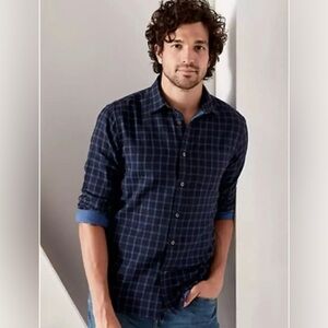 Banana Republic Slim Fit Untucked Button Up Navy Plaid Office Preppy Organic‎